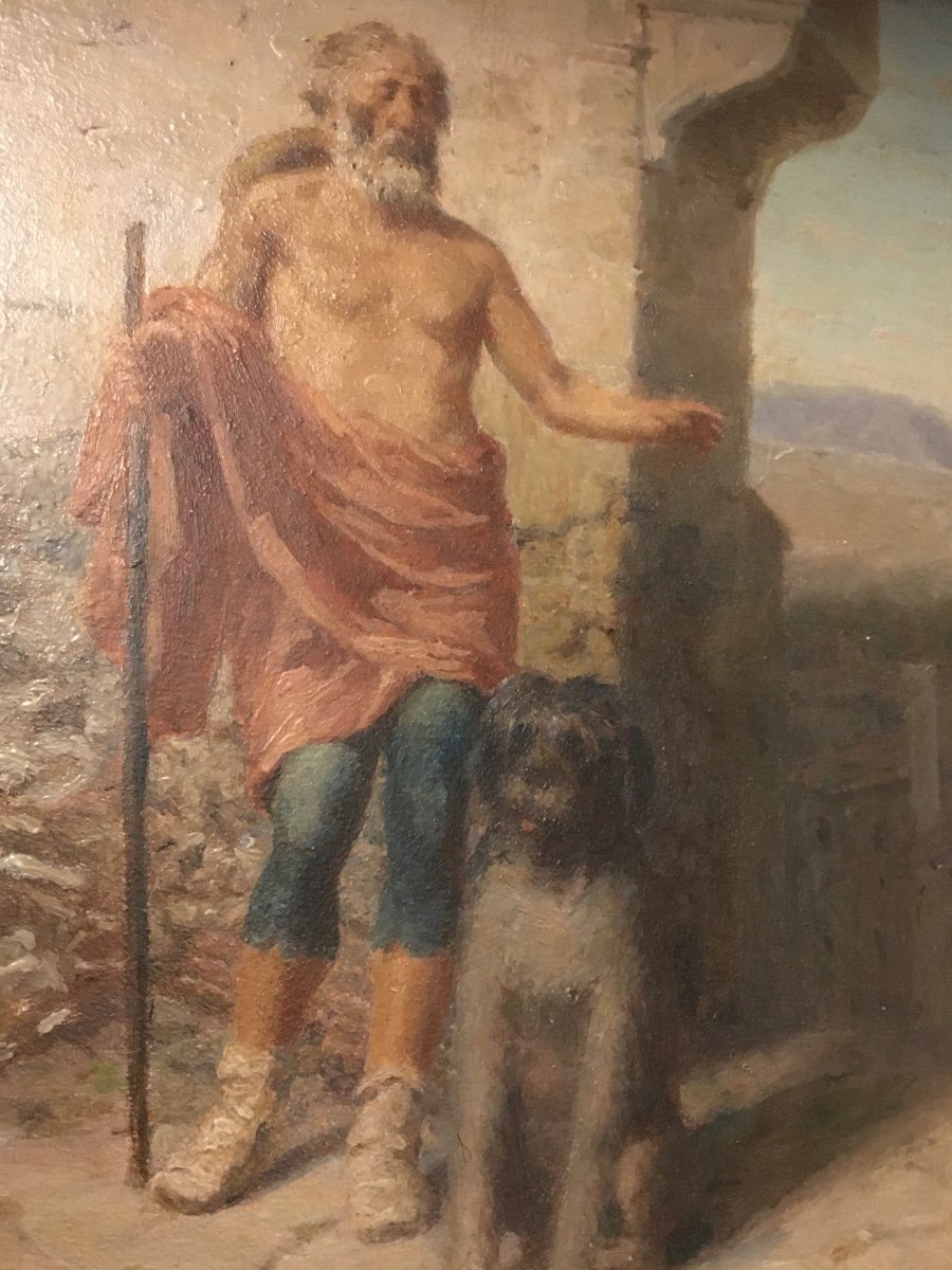 Painting Representing A Pilgrim Or A Beggar And His Dog. Oil On Cardboard-photo-3
